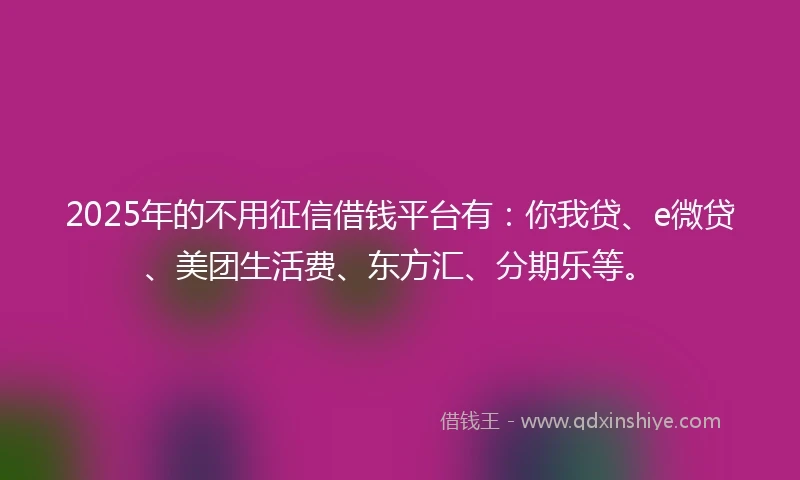 2025年的不用征信借钱平台有：你我贷、e微贷、美团生活费、东方汇、分期乐等。