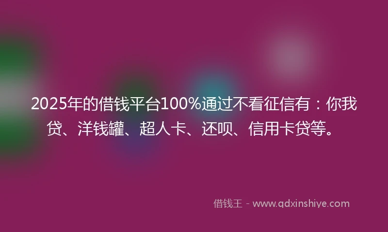 2025年的借钱平台100%通过不看征信有：你我贷、洋钱罐、超人卡、还呗、信用卡贷等。