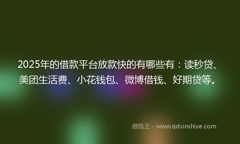 2025年的借款平台放款快的有哪些有：读秒贷、美团生活费、小花钱包、微博借钱、好期贷等。