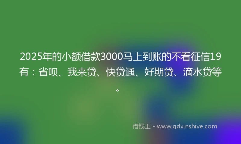 2025年的小额借款3000马上到账的不看征信19有：省呗、我来贷、快贷通、好期贷、滴水贷等。