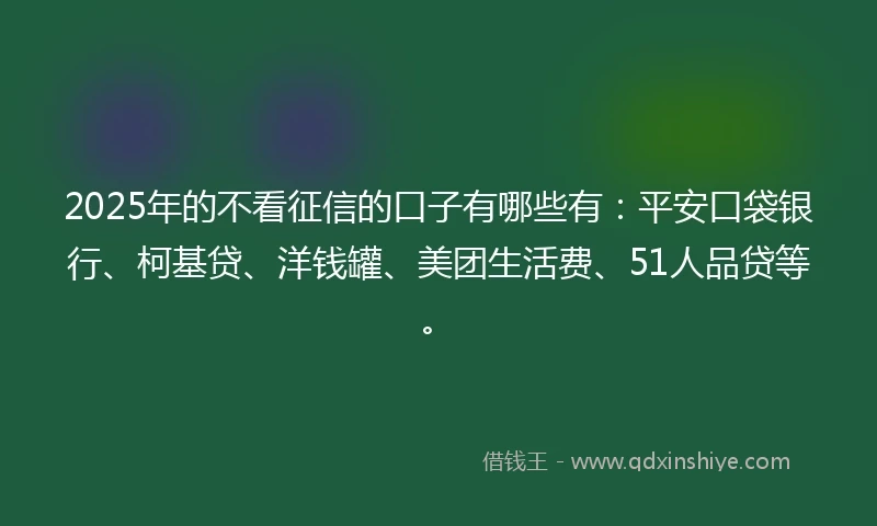 2025年的不看征信的口子有哪些有：平安口袋银行、柯基贷、洋钱罐、美团生活费、51人品贷等。