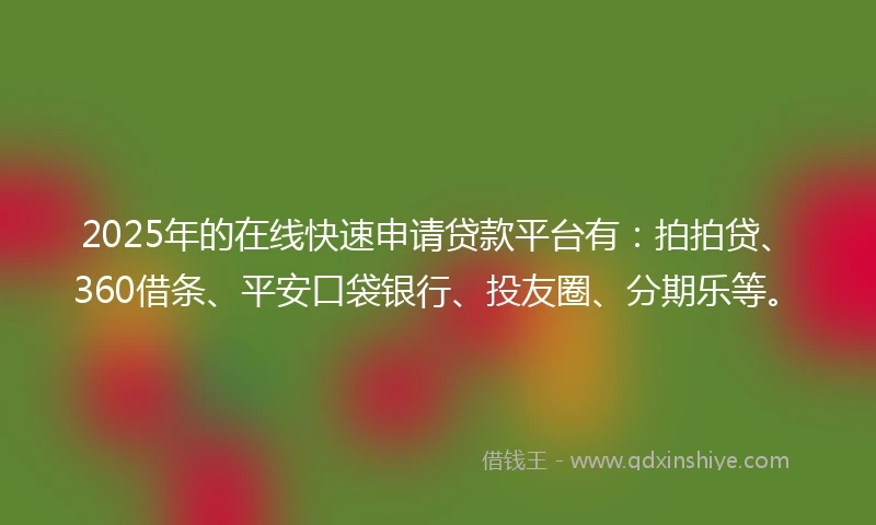 2025年的在线快速申请贷款平台有：拍拍贷、360借条、平安口袋银行、投友圈、分期乐等。