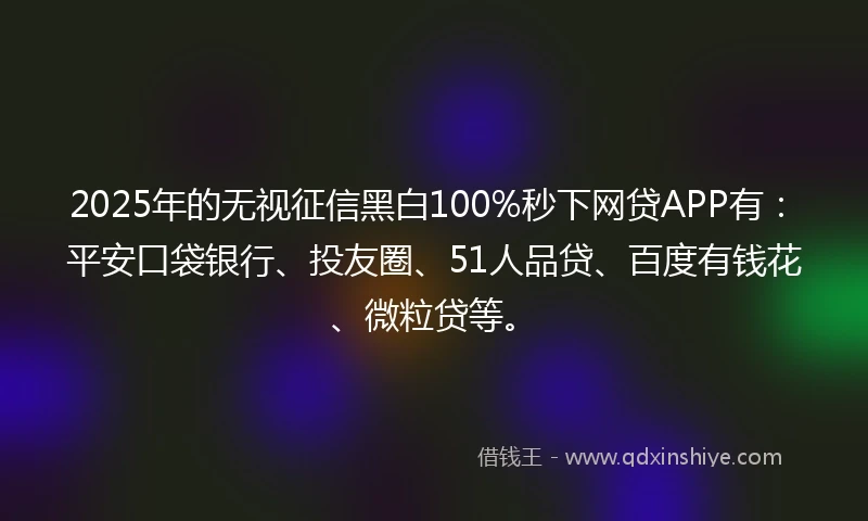 2025年的无视征信黑白100%秒下网贷APP有：平安口袋银行、投友圈、51人品贷、百度有钱花、微粒贷等。