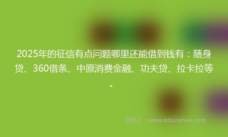 2025年的征信有点问题哪里还能借到钱有：随身贷、360借条、中原消费金融、功夫贷、拉卡拉等。