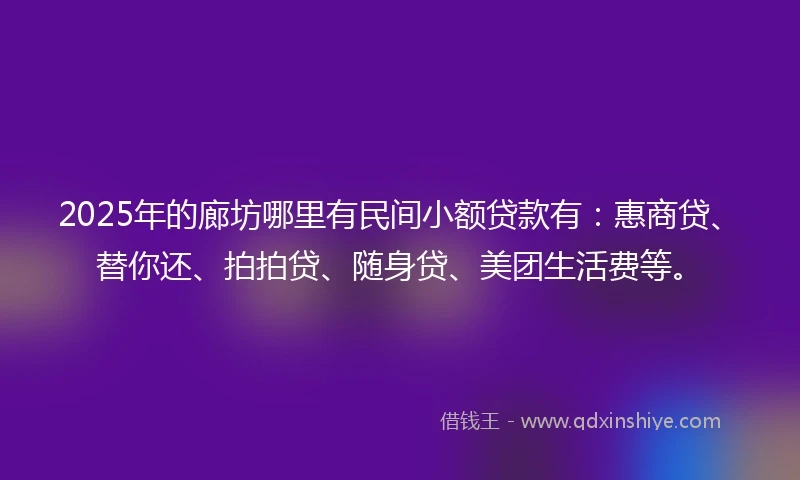 2025年的廊坊哪里有民间小额贷款有：惠商贷、替你还、拍拍贷、随身贷、美团生活费等。