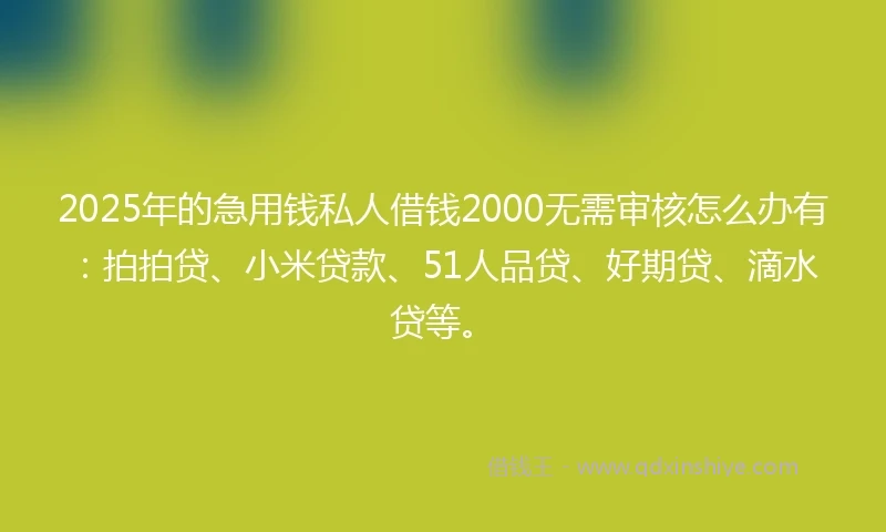 2025年的急用钱私人借钱2000无需审核怎么办有：拍拍贷、小米贷款、51人品贷、好期贷、滴水贷等。