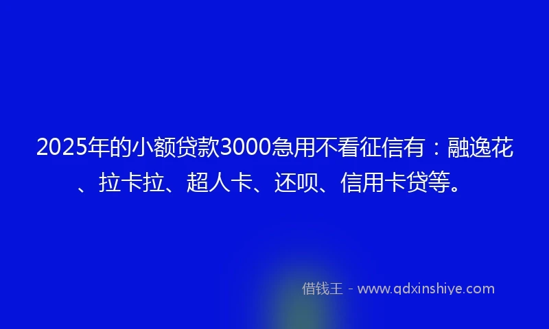 2025年的小额贷款3000急用不看征信有：融逸花、拉卡拉、超人卡、还呗、信用卡贷等。