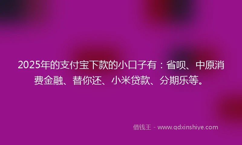 2025年的支付宝下款的小口子有：省呗、中原消费金融、替你还、小米贷款、分期乐等。