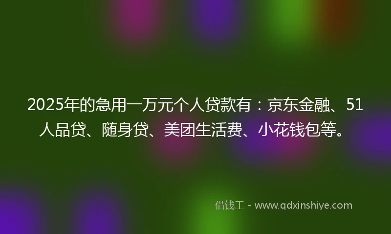 2025年的急用一万元个人贷款有：京东金融、51人品贷、随身贷、美团生活费、小花钱包等。