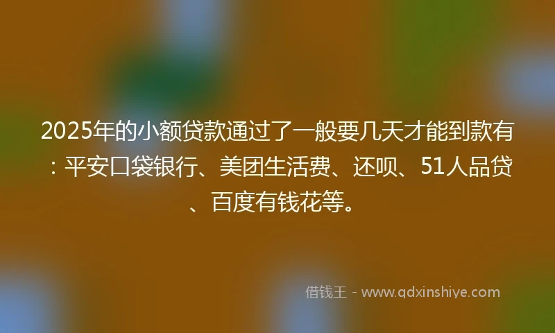 2025年的小额贷款通过了一般要几天才能到款有：平安口袋银行、美团生活费、还呗、51人品贷、百度有钱花等。