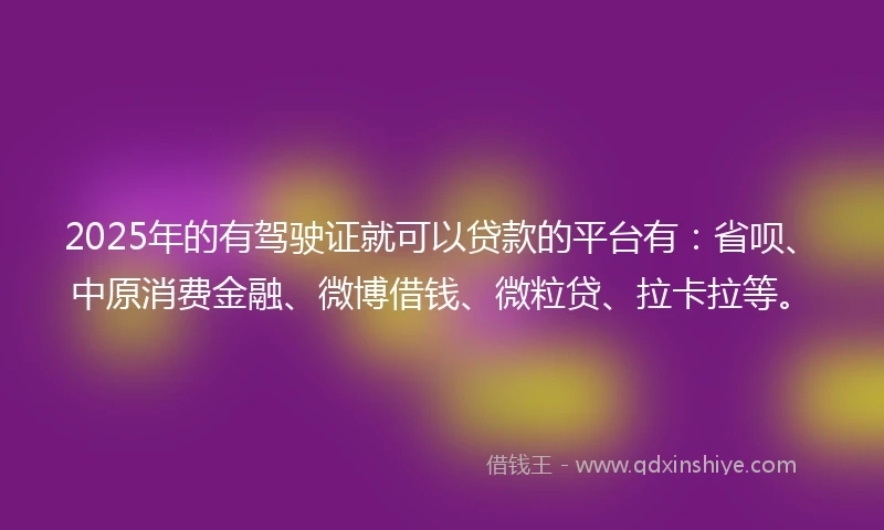 2025年的有驾驶证就可以贷款的平台有：省呗、中原消费金融、微博借钱、微粒贷、拉卡拉等。