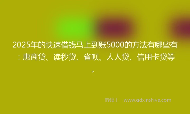 2025年的快速借钱马上到账5000的方法有哪些有：惠商贷、读秒贷、省呗、人人贷、信用卡贷等。