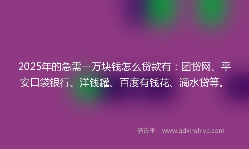 2025年的急需一万块钱怎么贷款有：团贷网、平安口袋银行、洋钱罐、百度有钱花、滴水贷等。