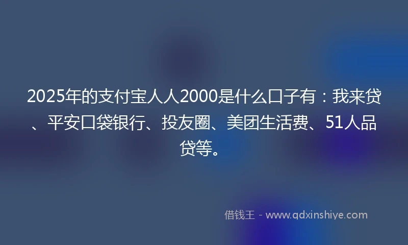 2025年的支付宝人人2000是什么口子有：我来贷、平安口袋银行、投友圈、美团生活费、51人品贷等。
