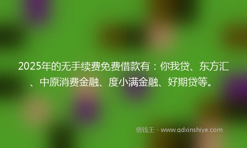 2025年的无手续费免费借款有：你我贷、东方汇、中原消费金融、度小满金融、好期贷等。