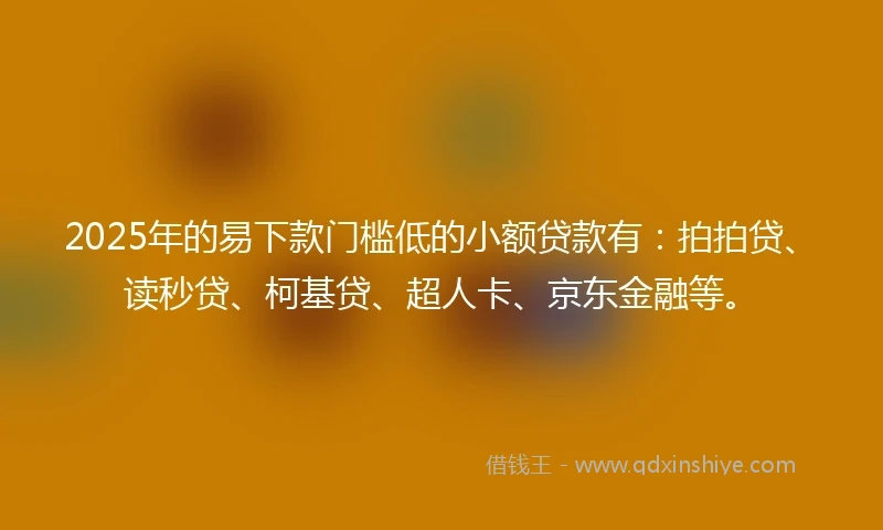 2025年的易下款门槛低的小额贷款有：拍拍贷、读秒贷、柯基贷、超人卡、京东金融等。