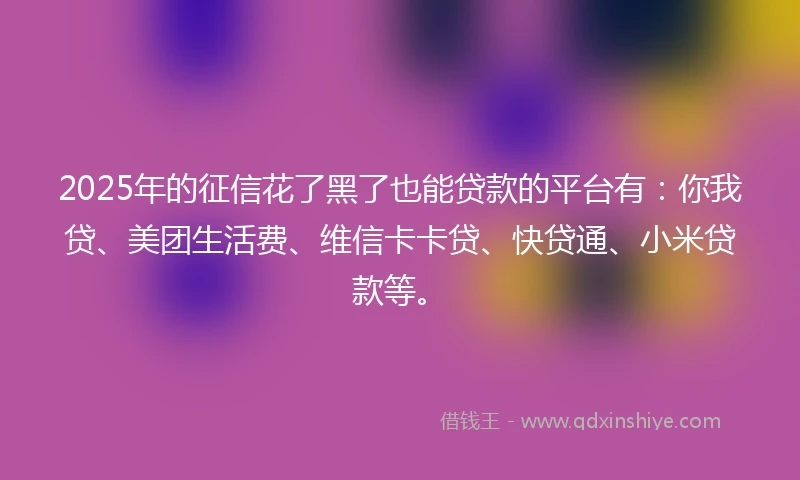 2025年的征信花了黑了也能贷款的平台有：你我贷、美团生活费、维信卡卡贷、快贷通、小米贷款等。