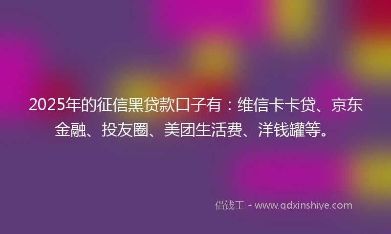 2025年的征信黑贷款口子有：维信卡卡贷、京东金融、投友圈、美团生活费、洋钱罐等。
