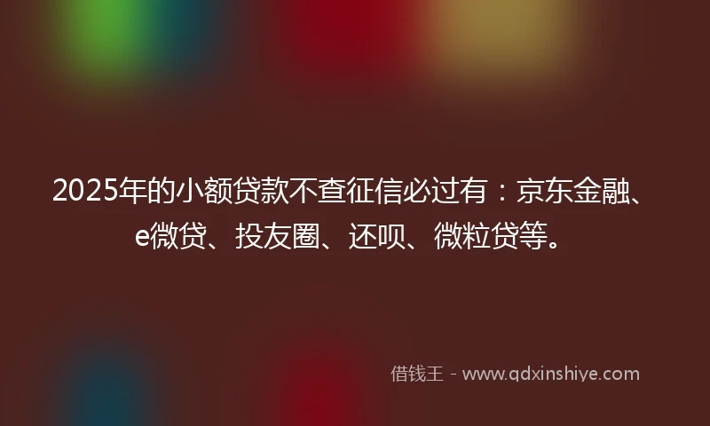 2025年的小额贷款不查征信必过有：京东金融、e微贷、投友圈、还呗、微粒贷等。