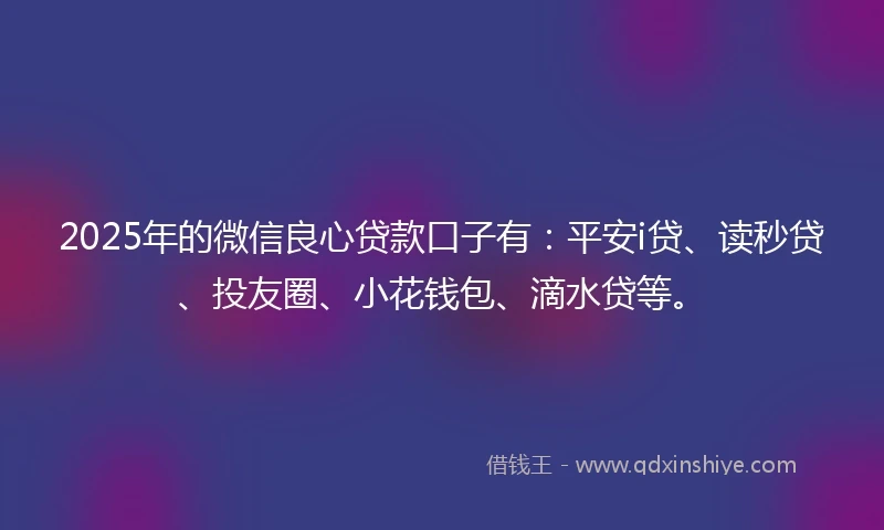 2025年的微信良心贷款口子有：平安i贷、读秒贷、投友圈、小花钱包、滴水贷等。