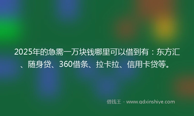 2025年的急需一万块钱哪里可以借到有：东方汇、随身贷、360借条、拉卡拉、信用卡贷等。