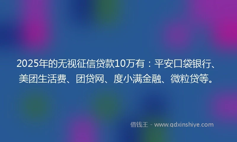 2025年的无视征信贷款10万有：平安口袋银行、美团生活费、团贷网、度小满金融、微粒贷等。