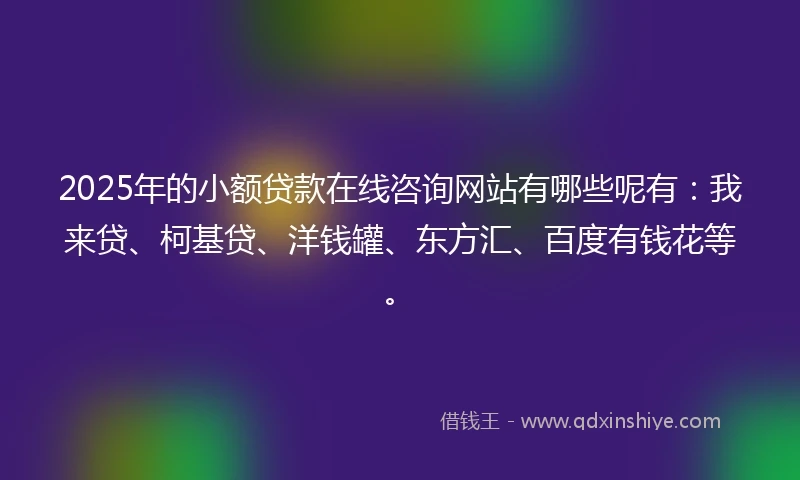 2025年的小额贷款在线咨询网站有哪些呢有：我来贷、柯基贷、洋钱罐、东方汇、百度有钱花等。