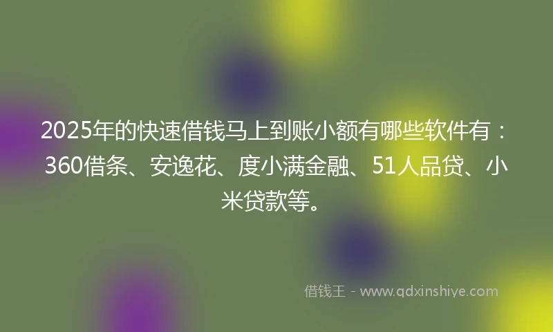 2025年的快速借钱马上到账小额有哪些软件有：360借条、安逸花、度小满金融、51人品贷、小米贷款等。