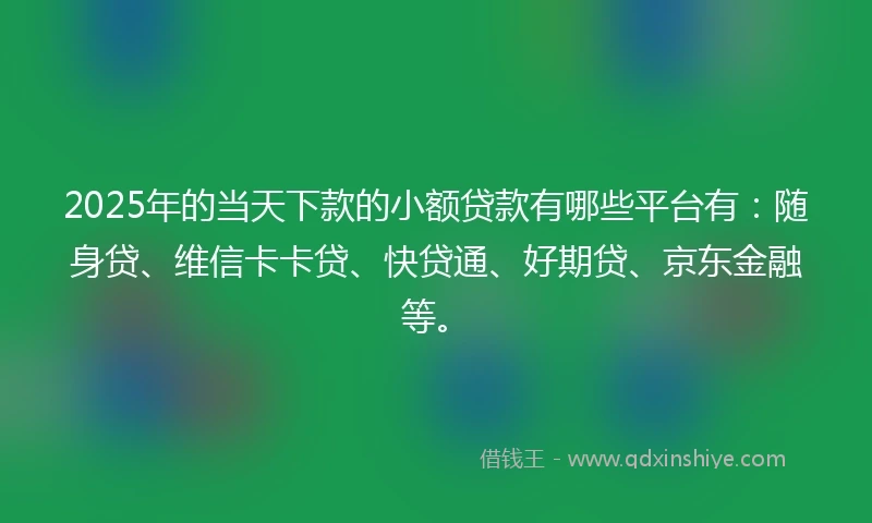 2025年的当天下款的小额贷款有哪些平台有：随身贷、维信卡卡贷、快贷通、好期贷、京东金融等。