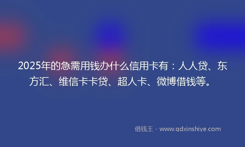 2025年的急需用钱办什么信用卡有：人人贷、东方汇、维信卡卡贷、超人卡、微博借钱等。