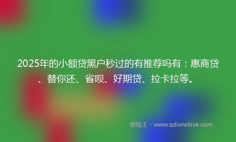 2025年的小额贷黑户秒过的有推荐吗有：惠商贷、替你还、省呗、好期贷、拉卡拉等。