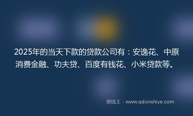 2025年的当天下款的贷款公司有：安逸花、中原消费金融、功夫贷、百度有钱花、小米贷款等。