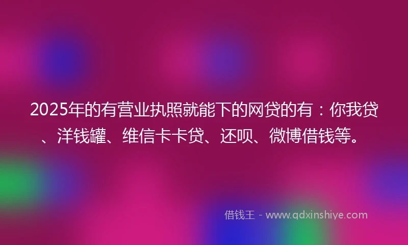 2025年的有营业执照就能下的网贷的有：你我贷、洋钱罐、维信卡卡贷、还呗、微博借钱等。