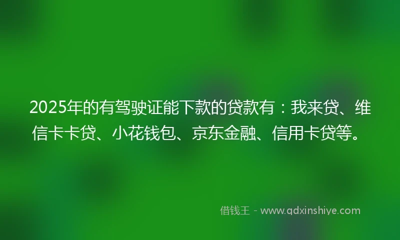 2025年的有驾驶证能下款的贷款有：我来贷、维信卡卡贷、小花钱包、京东金融、信用卡贷等。
