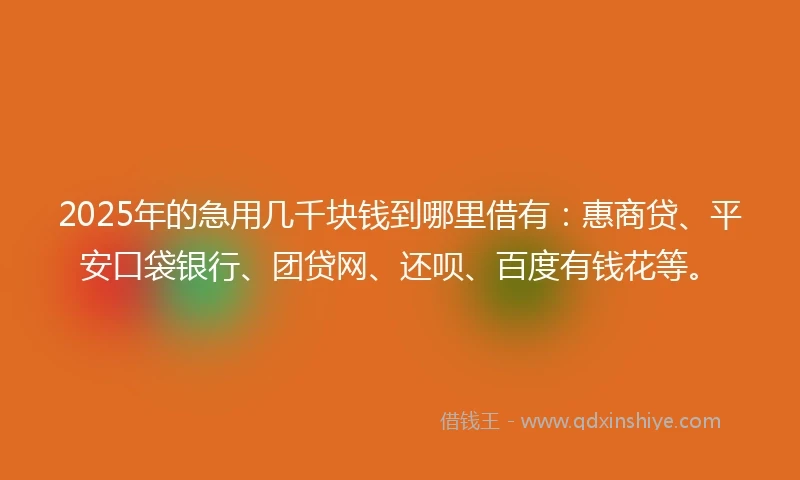 2025年的急用几千块钱到哪里借有：惠商贷、平安口袋银行、团贷网、还呗、百度有钱花等。