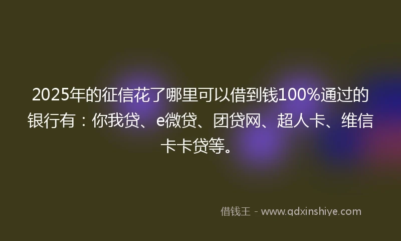 2025年的征信花了哪里可以借到钱100%通过的银行有:你我贷、e微贷、团贷网、超人卡、维信卡卡贷等。