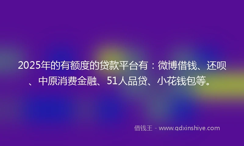 2025年的有额度的贷款平台有：微博借钱、还呗、中原消费金融、51人品贷、小花钱包等。