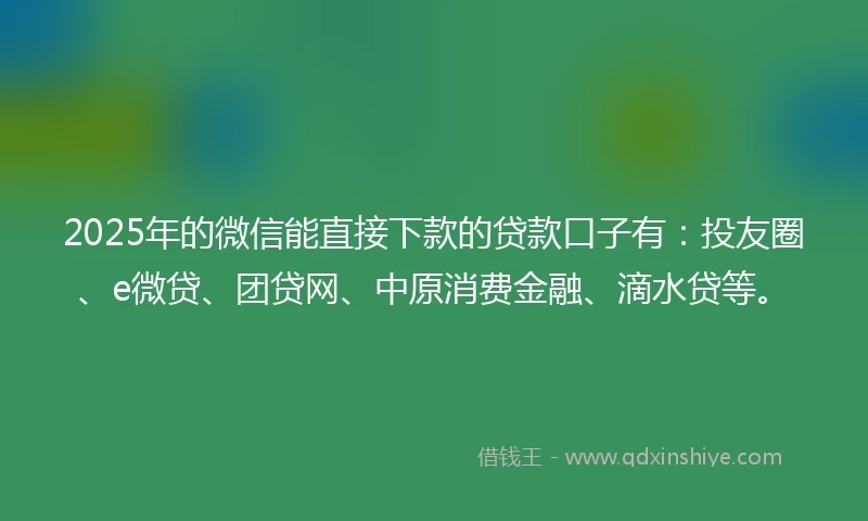 2025年的微信能直接下款的贷款口子有：投友圈、e微贷、团贷网、中原消费金融、滴水贷等。