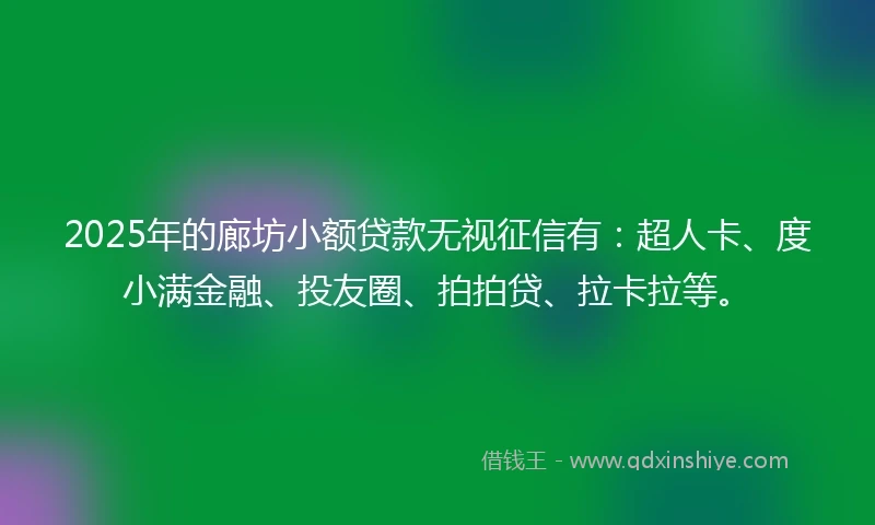 2025年的廊坊小额贷款无视征信有：超人卡、度小满金融、投友圈、拍拍贷、拉卡拉等。