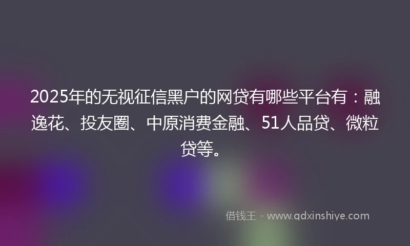 2025年的无视征信黑户的网贷有哪些平台有：融逸花、投友圈、中原消费金融、51人品贷、微粒贷等。
