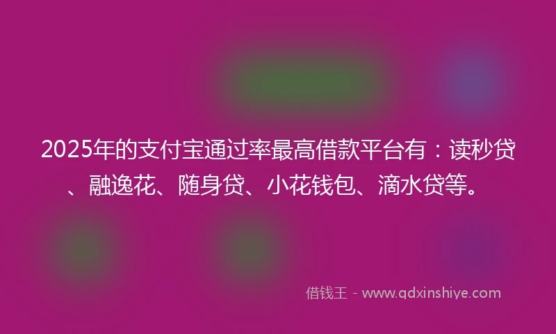 2025年的支付宝通过率最高借款平台有：读秒贷、融逸花、随身贷、小花钱包、滴水贷等。