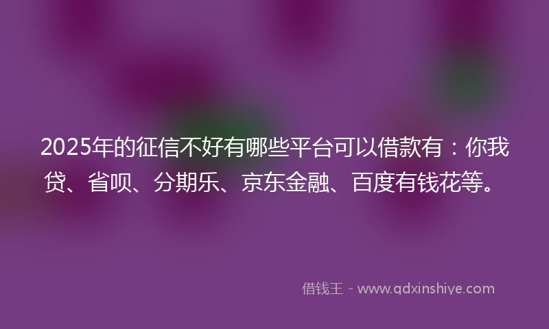 2025年的征信不好有哪些平台可以借款有:你我贷、省呗、分期乐、京东金融、百度有钱花等。
