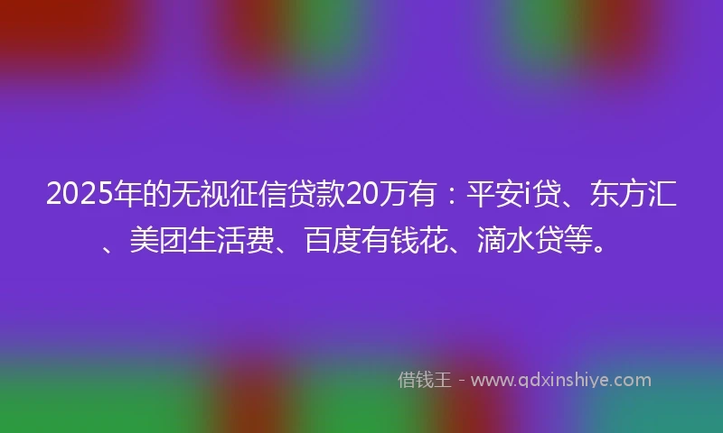 2025年的无视征信贷款20万有：平安i贷、东方汇、美团生活费、百度有钱花、滴水贷等。