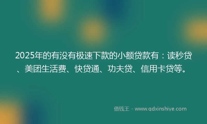 2025年的有没有极速下款的小额贷款有：读秒贷、美团生活费、快贷通、功夫贷、信用卡贷等。