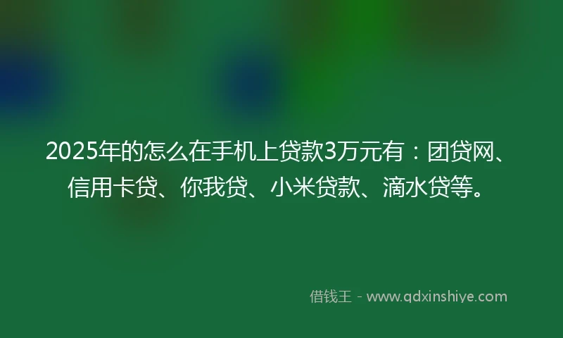 2025年的怎么在手机上贷款3万元有：团贷网、信用卡贷、你我贷、小米贷款、滴水贷等。