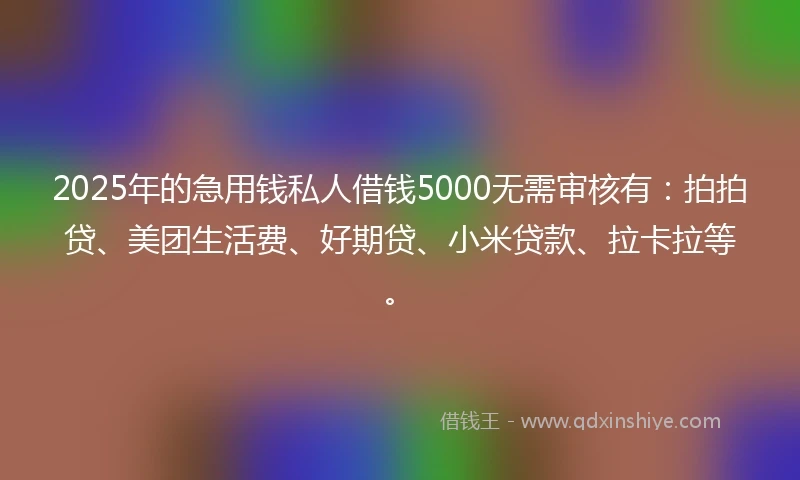 2025年的急用钱私人借钱5000无需审核有：拍拍贷、美团生活费、好期贷、小米贷款、拉卡拉等。
