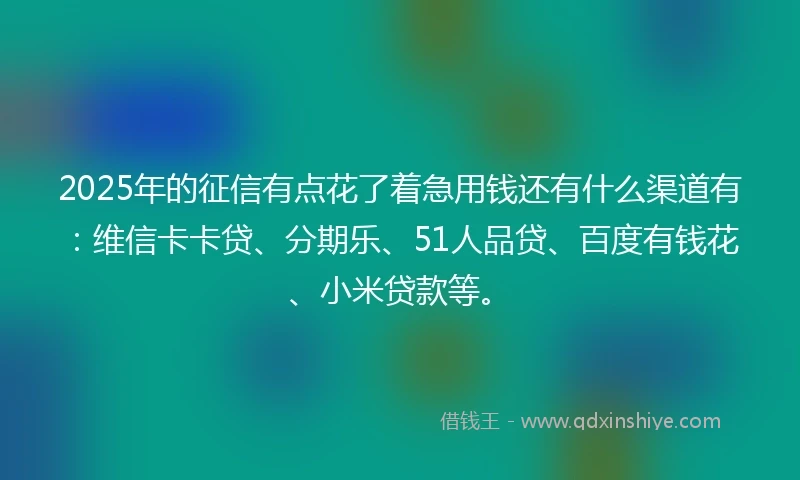 2025年的征信有点花了着急用钱还有什么渠道有：维信卡卡贷、分期乐、51人品贷、百度有钱花、小米贷款等。