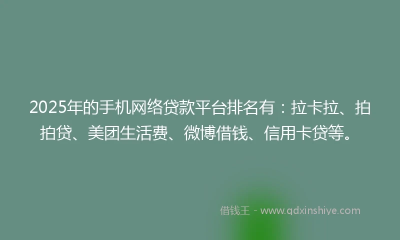 2025年的手机网络贷款平台排名有：拉卡拉、拍拍贷、美团生活费、微博借钱、信用卡贷等。