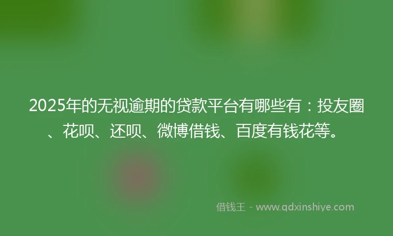 2025年的无视逾期的贷款平台有哪些有：投友圈、花呗、还呗、微博借钱、百度有钱花等。