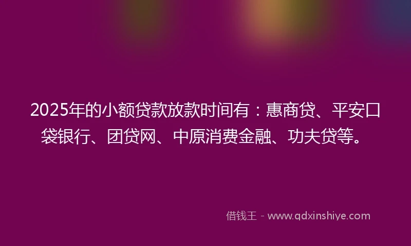 2025年的小额贷款放款时间有：惠商贷、平安口袋银行、团贷网、中原消费金融、功夫贷等。